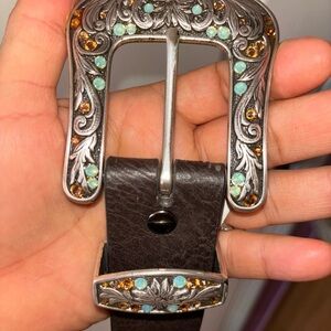 Ariat Brown Belt with Silver, Turquoise, and Amber Accents